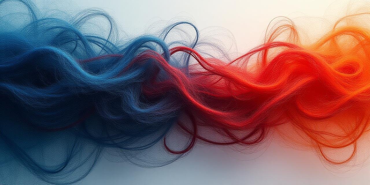 Close up of colorful textile threads entangled and then unravelling into a neat pattern