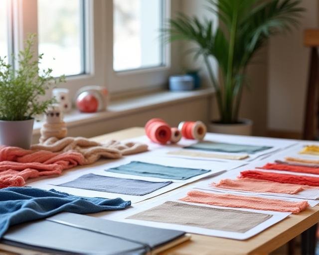 Artistic textile studio with fabric swatches and mood boards