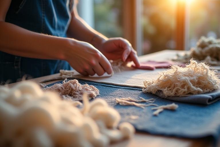Close up of hands weaving diverse natural fibers on a small hand loom