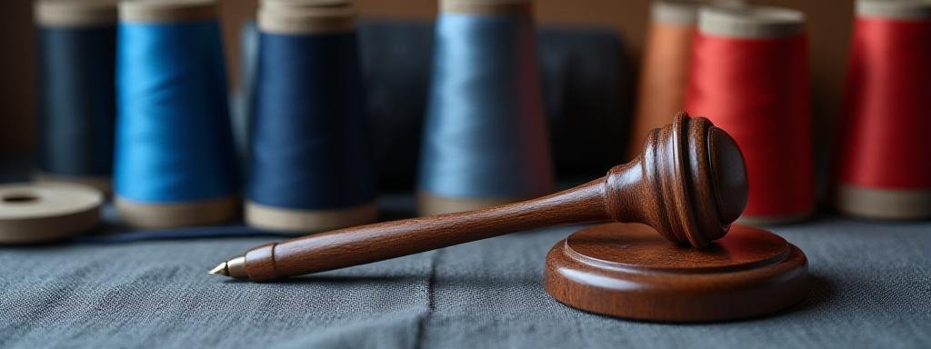 Artistic close-up of high-quality textile threads and a legal gavel, representing professional design consulting agreements.